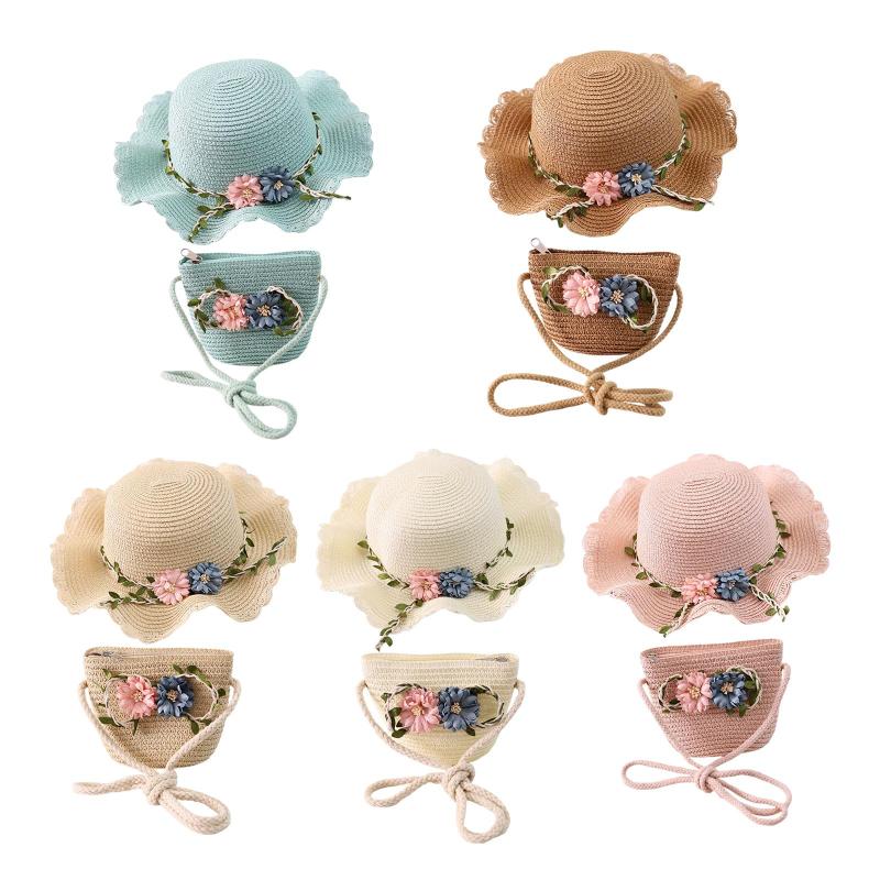 麦わら帽子と小さなバッグセット.夏の日よけ帽子女の子子供用花付き麦わら帽子.観光ホリデー旅行ビーチアウトドアアクティビティ用