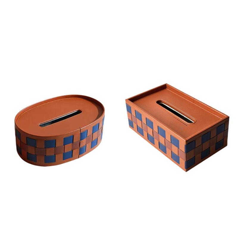 レザーティッシュボックス 装飾的な手編みのチェッカーボード スタイリッシュなティッシュ収納ボックス ベッドサイド バスルーム 化粧台用ティッシュホルダーボックス