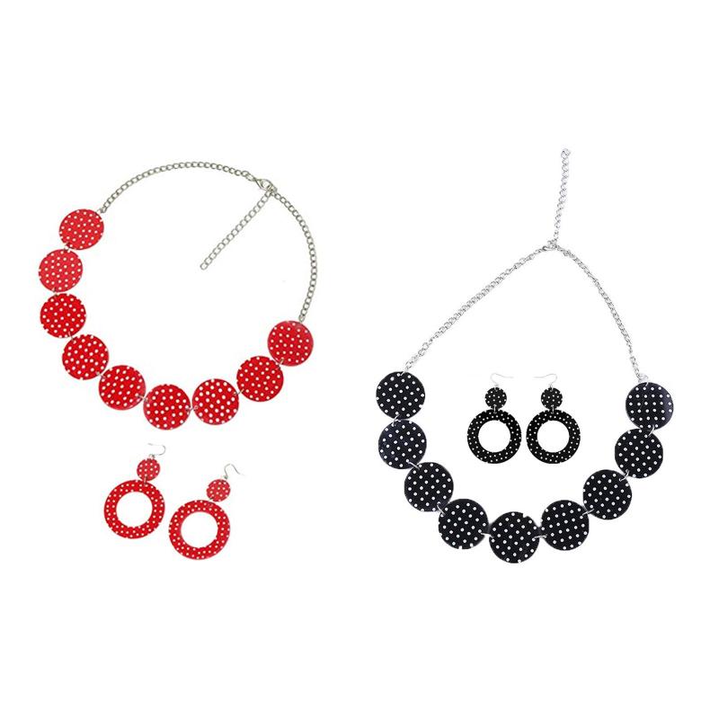 50 年代テーマのイヤリングとネックレスセット白と黒の水玉イヤリングコスチュームアクセサリー女性用ジュエリーセットコスプレ用