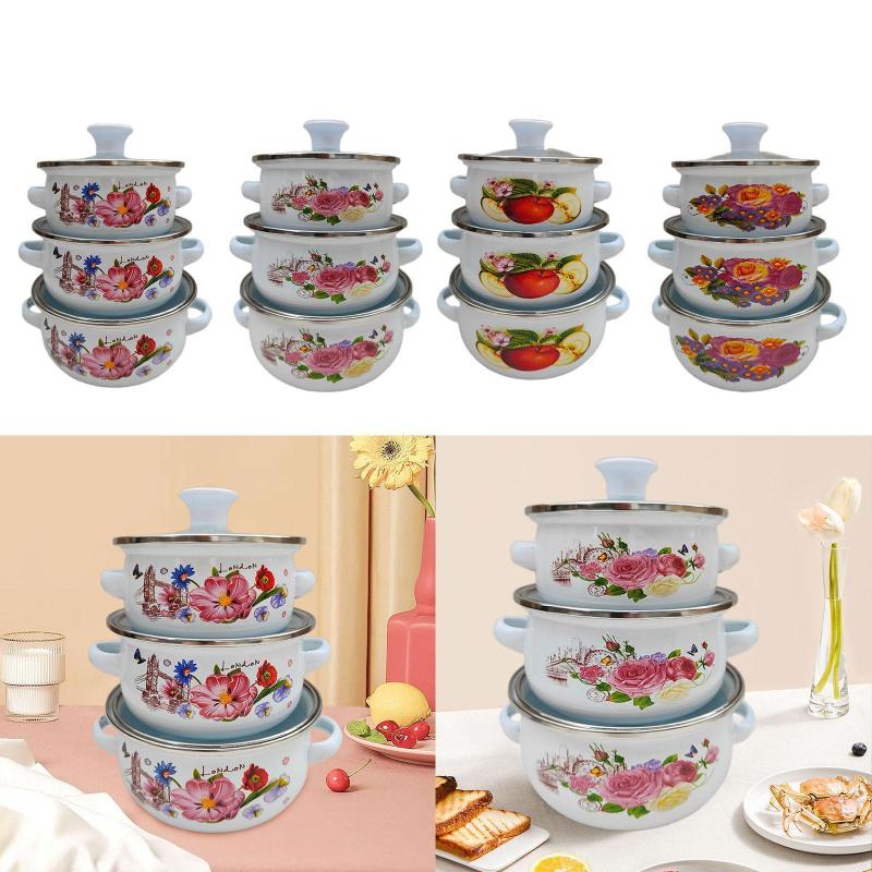 3xエナメルストックポット付き蓋をした豆料理ポットビンテージノンスティック調理器具フラットボトムクッキングポットディープスープポットホームダイニング用