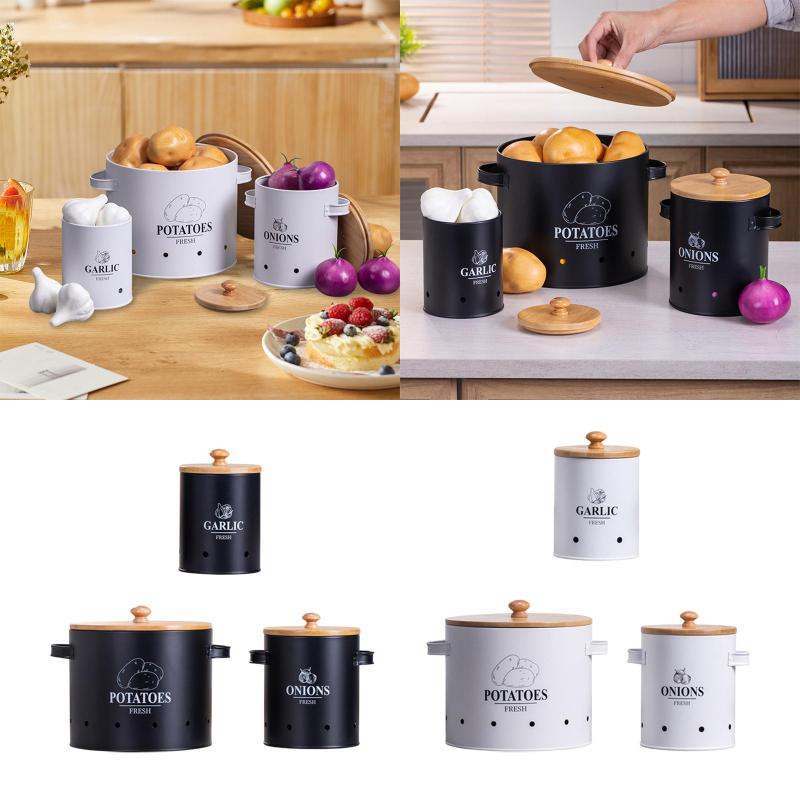 3ピースキッチン野菜貯蔵缶農家のキッチンキャニスターカウンタートップホーム用のハンドル野菜収納容器付き