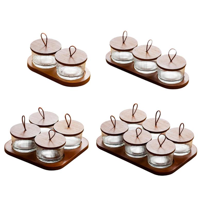 ボウル付き木製サービングトレイ デザートディスプレイ ガラスボウルトレイ キャンディサラフルーツ前..