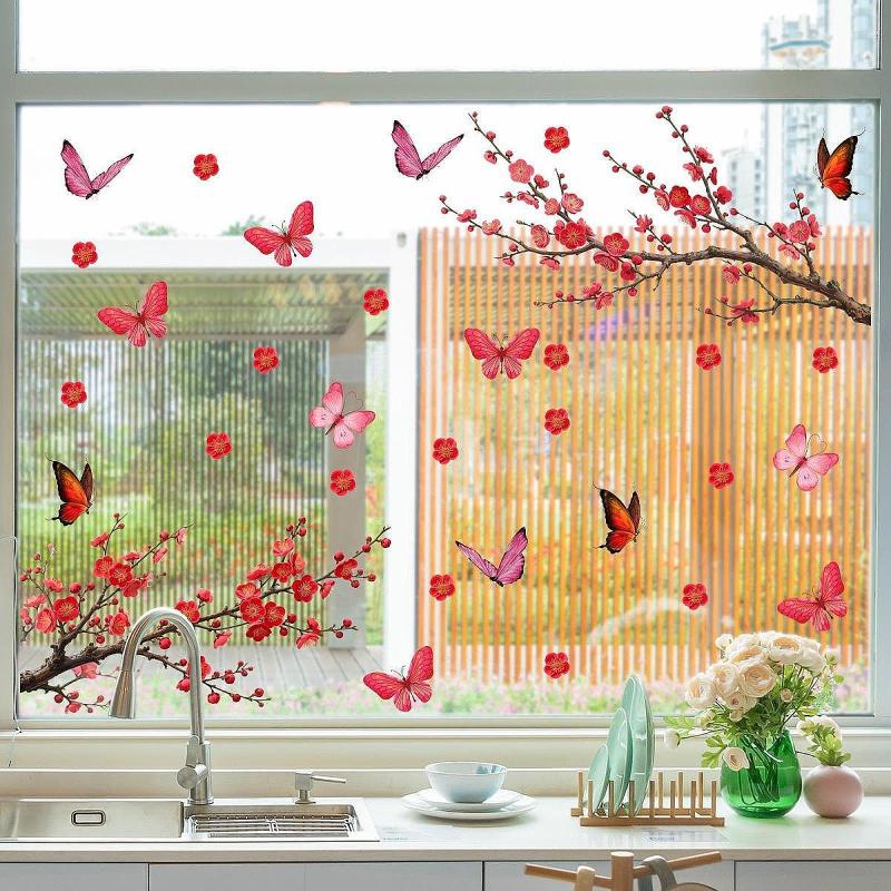 梅の花と蝶のウォールステッカー 窓用デカール アクセサリー DIY