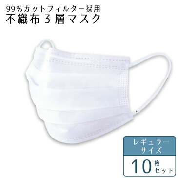 99%カットフィルター 不織布3層マスク 10枚(5枚×2) / 【普通郵便送料無料】 / マスク 不織布 レギュラーサイズ レギュラー 白 ホワイト セット 大人 ノーズフィッター付き ノーズフィット 不織布 ウィルス 対策 飛沫 花粉 PM2.5