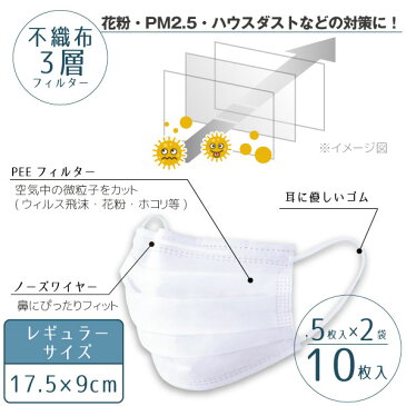 99％カットフィルター 不織布3層マスク 10枚（5枚×2） / 【普通郵便送料無料】 / マスク 不織布 レギュラーサイズ レギュラー 白 ホワイト セット 大人 ノーズフィッター付き ノーズフィット 不織布 ウィルス 対策 飛沫 花粉 PM2.5