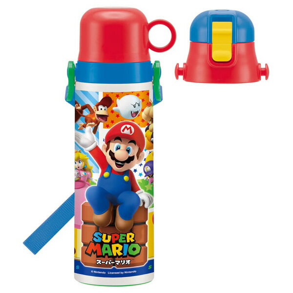 2WAY ステンレス ボトル 580ml 570ml スーパーマリオ/マリオ MARIO 保温 保冷 超軽量 子供用 水筒 軽い まほうびん コップ付 ロック付 直飲み ワンタッチ ショルダーベルト 肩ひも付き 遠足 幼稚園 保育園 男の子 スケーター