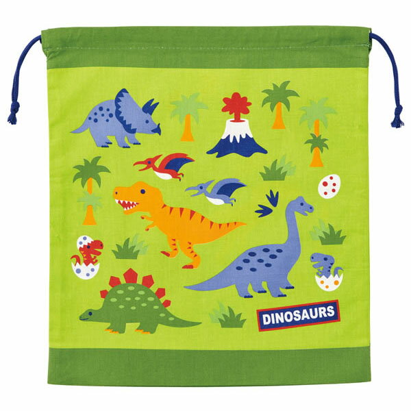 【在庫処分】マチ付き巾着 グリーン ディノサウルス / 【普通郵便送料無料】/DINOSAURS ディノザウルス 巾着袋 お弁当袋 着替え 体操服 大きめ きんちゃく 幼稚園 保育園 恐竜 かわいい スケーターのサムネイル