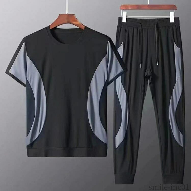 【送料無料】吸 上下セット ジョガーパンツ ひんやり 冷感 2点セット ロングパンツ Tシャツ 半袖 アイスシルク 薄手 夏 メンズ セットアップ