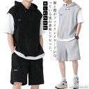 【送料無料】カ パーカー 半袖 ハーフパンツ ショートパンツ 上下セット セットアップ メンズ Tシャツ ビッグシルエット フェイクレイヤード