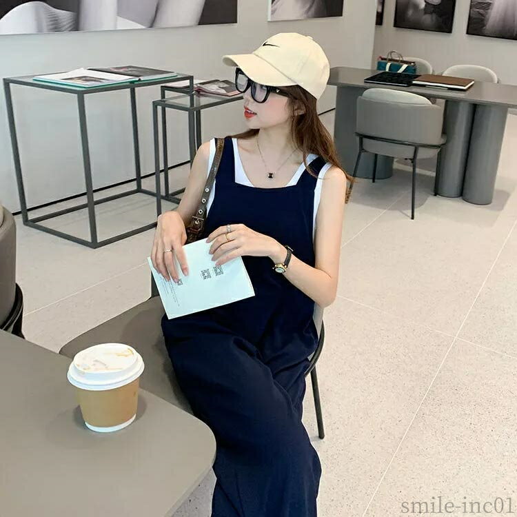 【送料無料】カジュアル ワイド ロング丈 かわいい スクエアネック 秋 オールインワン 春 黒 レディース レディース パンツ 落ち感 夏 パンツ