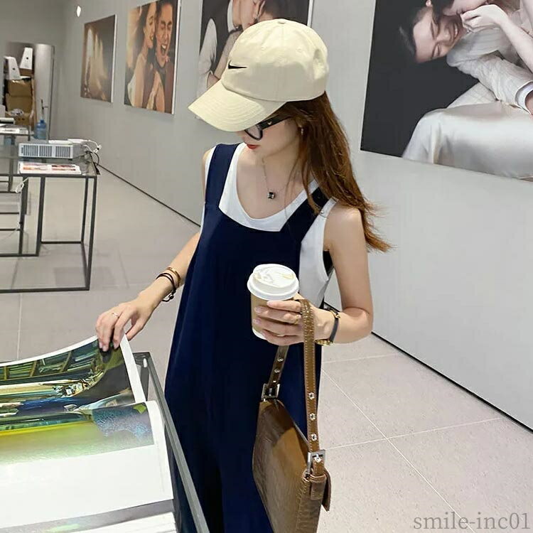 【送料無料】カジュアル ワイド ロング丈 かわいい スクエアネック 秋 オールインワン 春 黒 レディース レディース パンツ 落ち感 夏 パンツ