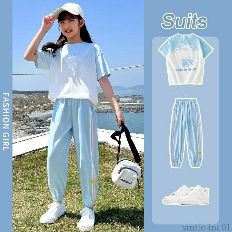 Occidental Goods - 【送料無料】ルー 上下セット 女の子 薄手 ひんやり ロングパンツ 半袖Tシャツ 2点セット キッズ 接触冷感 春夏 半袖 ジャージ セットアップ