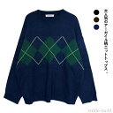 【送料無料】森ガール 長袖 ニット ゆったり プルオーバー クルーネック レディース 幾何学柄 菱柄 トップス 厚手 秋冬 アーガイル柄 ニット