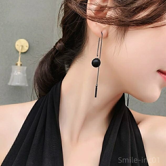 【送料無料】アクセサリー 結婚式 個性的 おしゃれ 大人 クール シンプル ボール ブラック ピアス チェーン ロング 黒 揺れる(4)