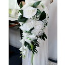 【送料無料】格調高い 白バラ キャスケード ブーケ 結婚式 ウエディングブーケ グリーン 造花 シルクフラワー ガール 花束