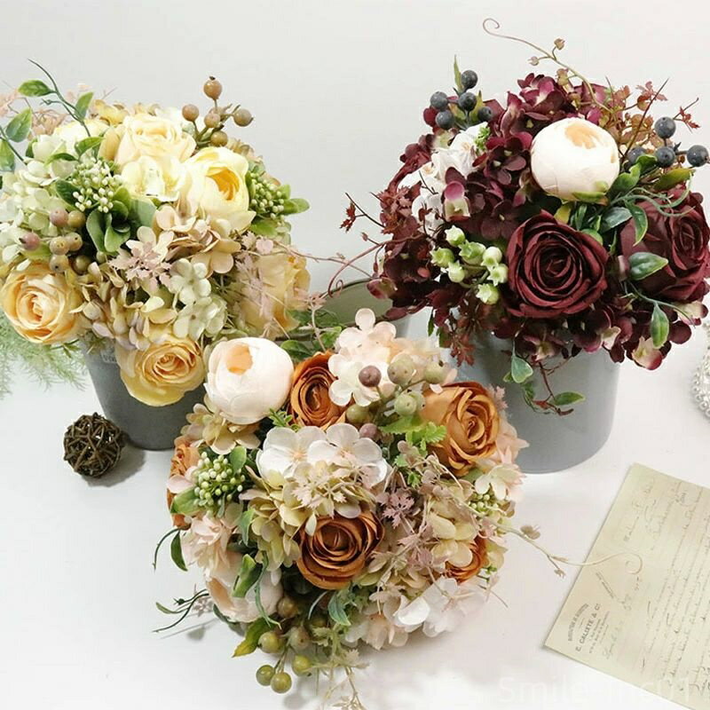 【送料無料】ブラウン 茶色 ワインレッド 赤 オレンジ cm　造花 結婚式 ジェブフラワー ナチュラル ラウンド型ブーケ