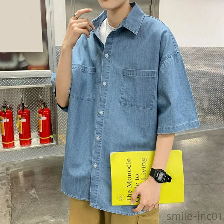 【送料無料】ゆったり デニム 接触冷感 ワークシャツ シャツ 2タイプ 半袖シャツ デニムシャツ 無地 デニムシャツ 胸ポケット トップス