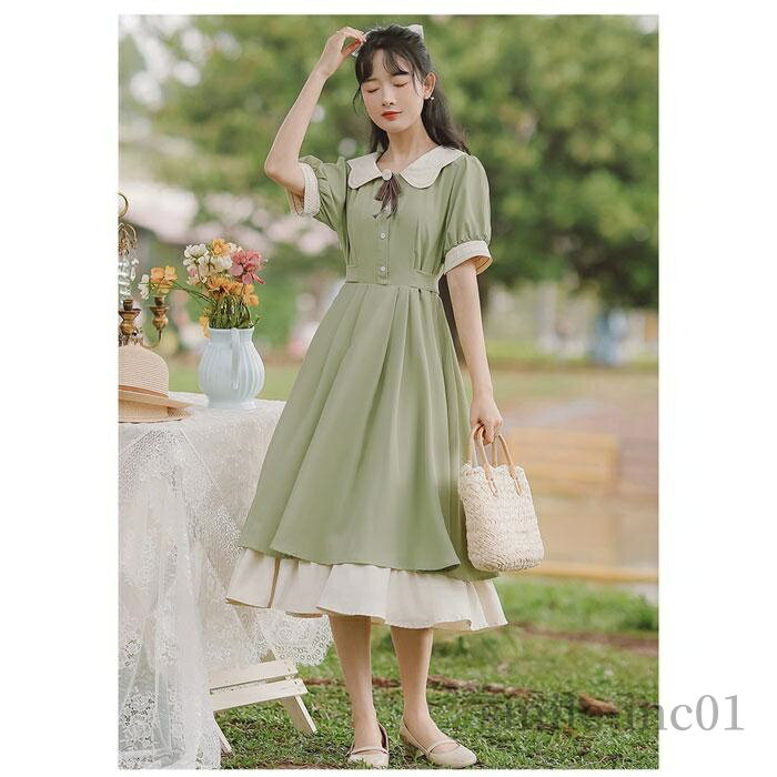 【送料無料】ワンピース レディース 袖あり 半袖 可愛い ワンピ クラシカル アンティーク レトロ シンプル きれいめ ひざ丈 シャツワンピ 襟付き
