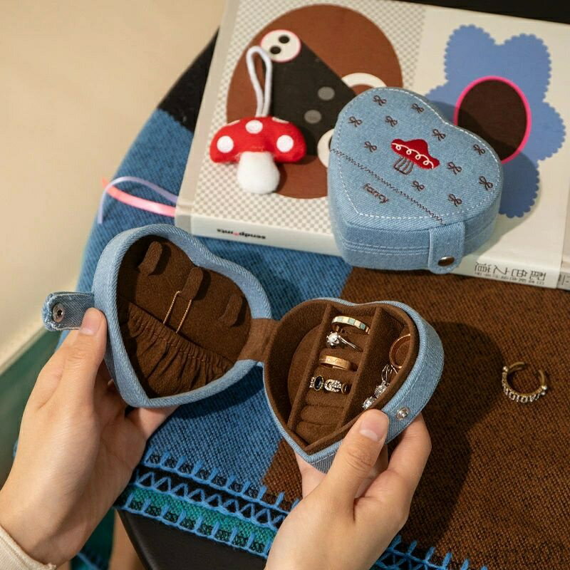 【送料無料】キノコ柄 リボン柄 ハート型 デニム 可愛い アクセサリー収納ボックス ポータブル 小さな..
