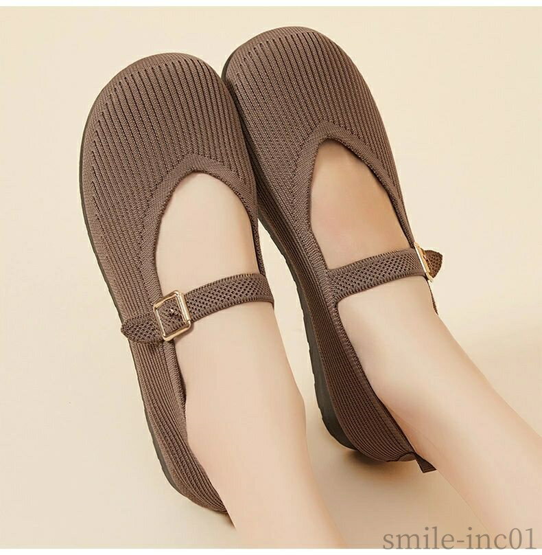 【送料無料】疲れない メッシュ ラウンドトゥ フラットシューズ 痛くない 歩きやすい 黒 走れる ストラップ ニット レディース