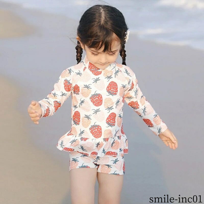 【送料無料】子供 スイムウェア 子ども用水着 ショートパンツ 長袖ラッシュガード 2点セット 可愛い 柄 イチゴ ガールズ水着 女の子 水着