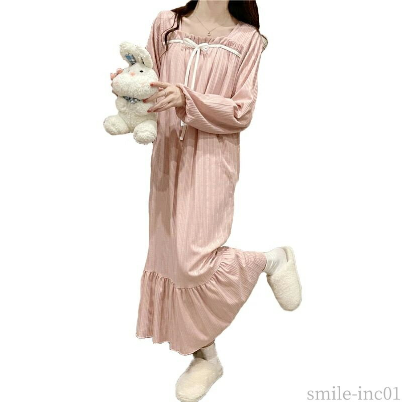 【送料無料】柔らか コットン 綿 ルーム 長袖 体型カバー 可愛い 快眠 快適 着心地 マキシ丈 ワンピース パジャマ レディース ルームウェア