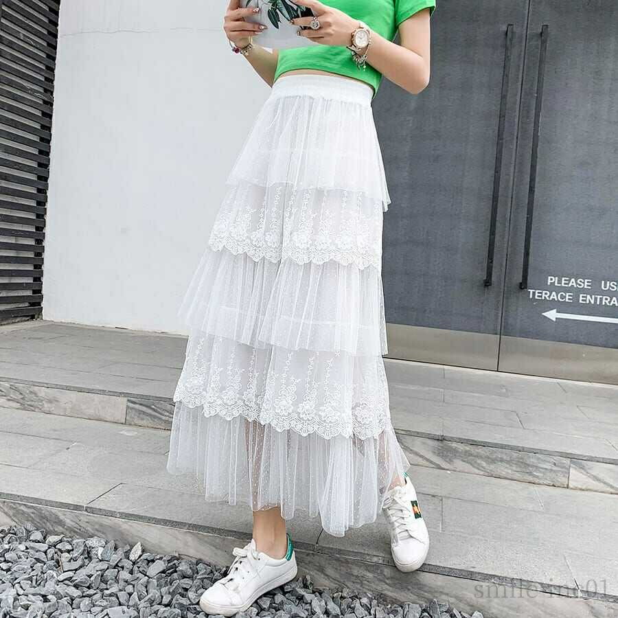 【送料無料】モード ボリューム ウエストゴム ギャザー ティア—ドスカート 花柄 チュール 総レース フレア ミモレ丈 ボトムス(4)