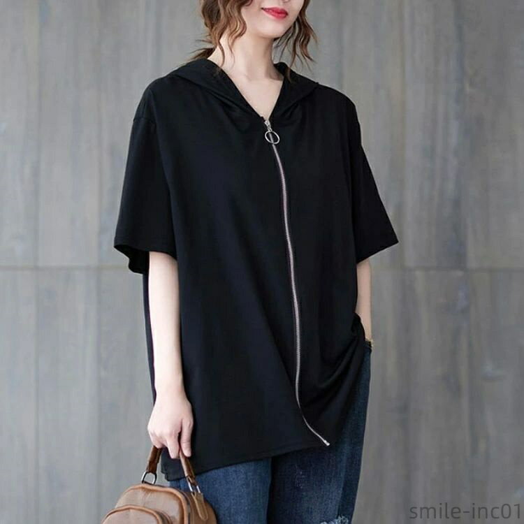 【送料無料】ゆったり トップス 女性 半袖tシャツ 大人 ホワイト レディース 半袖 ブラック 大きいサイズ カジュアル Tシャツ ジップパーカー 2