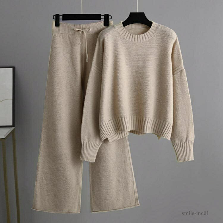 【送料無料】部屋着 ゆったり ラウンドネック ニットパンツ 長袖 セーター ワイドパンツ ニットアップ レディース 秋冬 セットアップ ニット