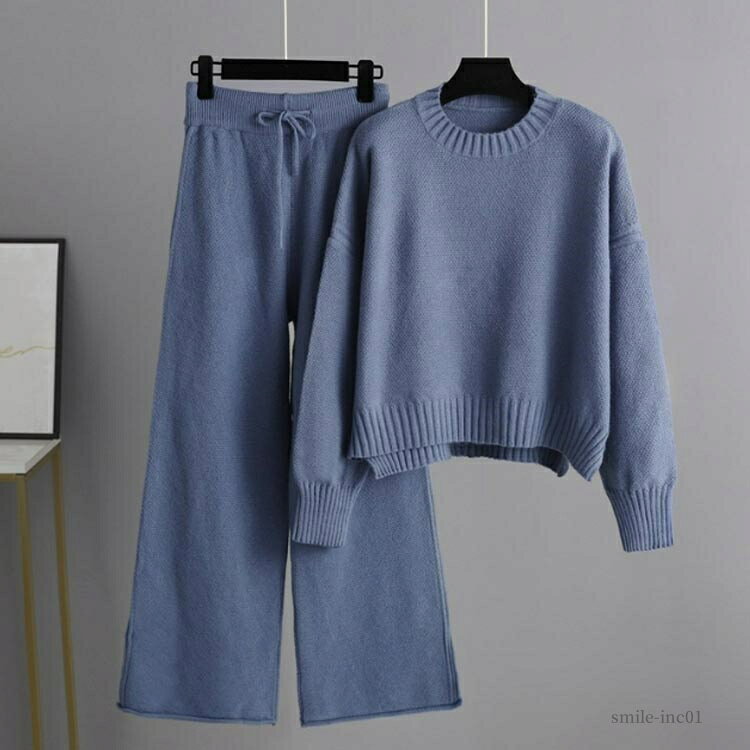 【送料無料】部屋着 ゆったり ラウンドネック ニットパンツ 長袖 セーター ワイドパンツ ニットアップ レディース 秋冬 セットアップ ニット