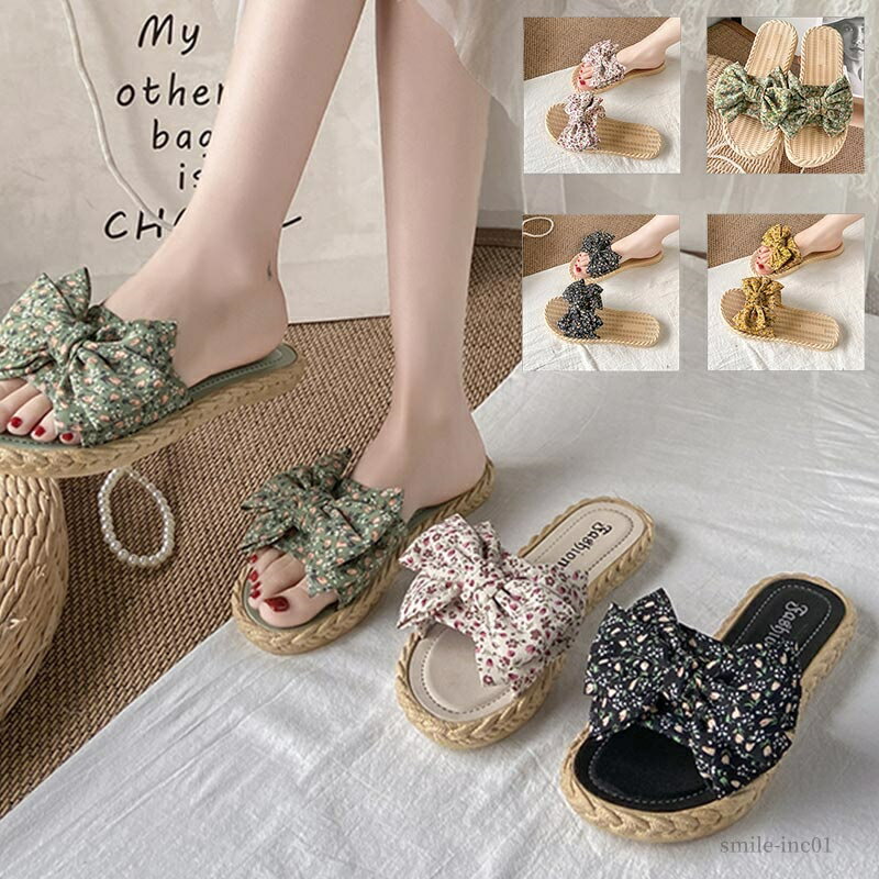 【送料無料】休みの日 海辺 綿麻 シンプル 夏 疲れ欷??快適 美脚靴 軽い量 柔らかい レースアップ 花柄 リボン フラットサンダル サンダル