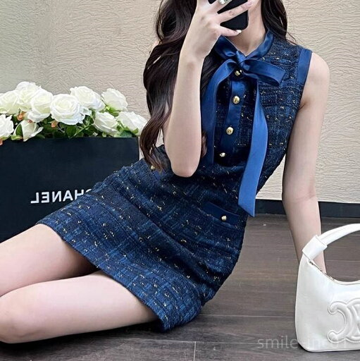 【送料無料】きれいめ 大人可愛い ボタン ハイウエスト リボン Aライン ラウンドネック ノースリーブ ショート ドレス ワンピース