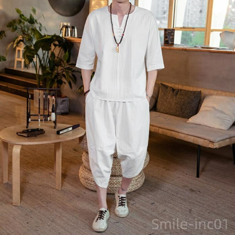 【送料無料】マ セットアップ 綿 麻 涼しい 男性 半袖 7分丈 サルエルパンツ 部屋着 ルームウェア 寝巻き 入院 夏 プレゼント 父の日 ギフト