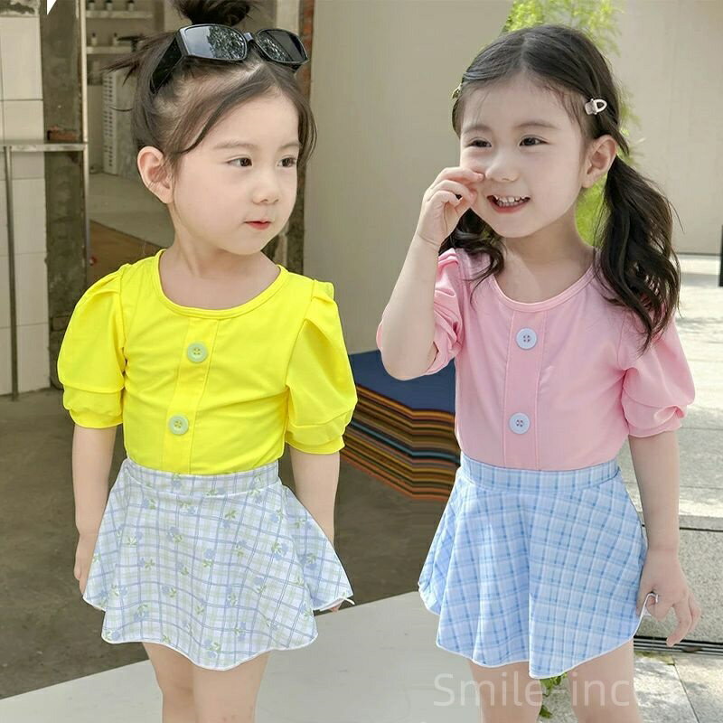 【送料無料】速乾性 日焼け止め ガールズ ティーンエイジャー 上下セット ミディ チェック柄 気質なパフスリーブ スイムウェア 水着 子供用