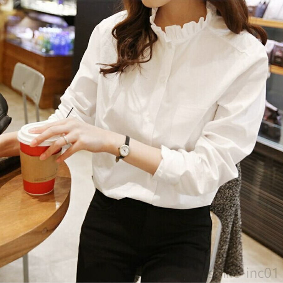 【送料無料】胸ポケット 長袖 トップス シャツ 白 ホワイト フリル フリルカラー スタンドカラー レディース ブラウス