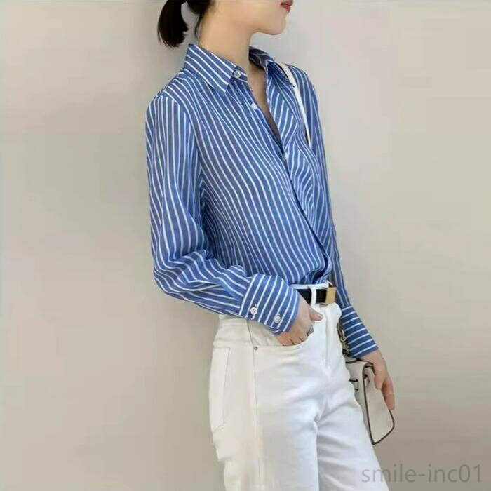 【送料無料】フェミニン 可愛い 大人 長袖 カジュアル きれいめ エレガント レディース ストライプ シャツ ブラウス トップス