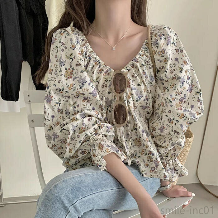 【送料無料】パフスリーブ 長袖 カジュアル きれいめ エレガント レディース 花柄 ボタニカル フラワー ブラウス シャツ トップス