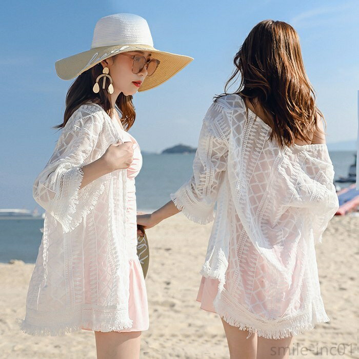 【送料無料】ビキニカバー 花柄レース 刺繍カーディガン 水着の上に着るビーチガウン 前開き レディース 七分袖 リゾート カジュアル