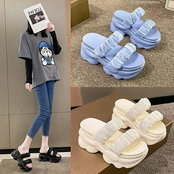 【送料無料】かわいい 上品 柔らかい 厚底 夏 光沢感 9cmヒール ビーチサンダル 軽量 レディース ミュール 厚底サンダル