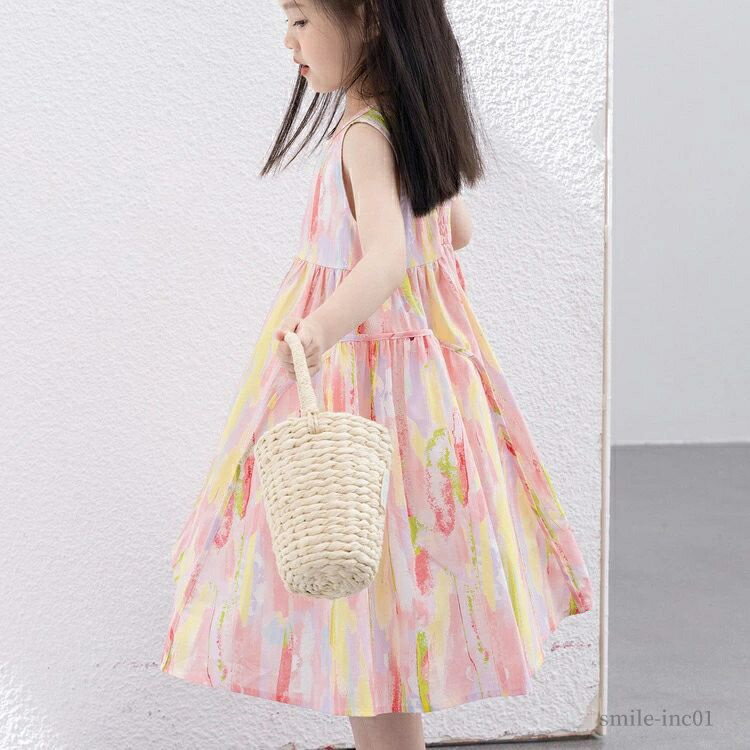 【送料無料】キッズワンピース 夏 女の子 ノースリーブワンピース Aライン ロング丈 フレアワンピース 薄手 サマーワンピース 子供ドレス カラーワンピース 海 旅行 発表会 お出かけ キッズドレス 可愛い キッズロングワンピース