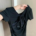 【送料無料】着痩せ セクシー おしゃれ 伸縮性 背中開き リボン クルーネック カップ付きtシャツ タイト 夏 レディース tシャツ