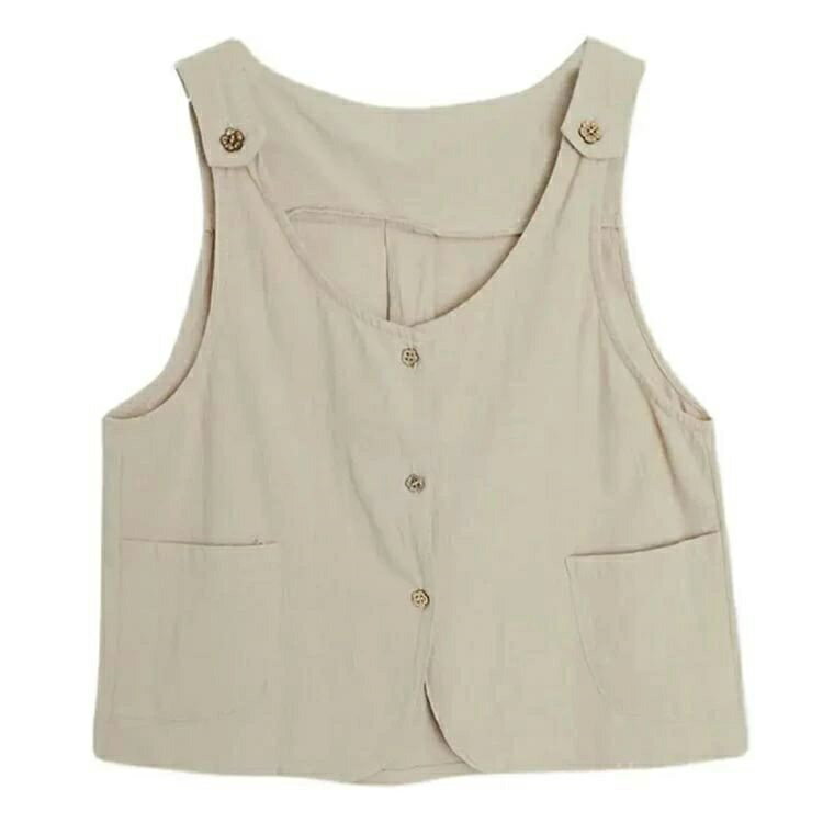 【送料無料】ノーカラー リネン風ベスト 綿麻風 レイヤード カジュアル 無地 Vネック 羽織 綿麻 トップス 春夏 レディース ジレ 前開き