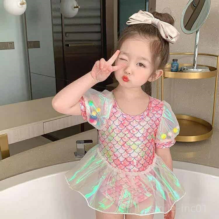 【送料無料】海水浴 カラフル パフスリーブ 可愛い ワンピース オールインワン ロンパース キッズ ベビー スイムウェア 女の子 75-130cm