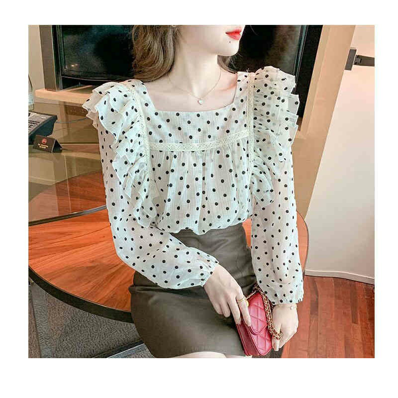 【送料無料】り シャツブラウス レース付き ドット柄 おしゃれブラウス フリルブラウス インナーブラウス シフォンブラウス 春秋 レディース