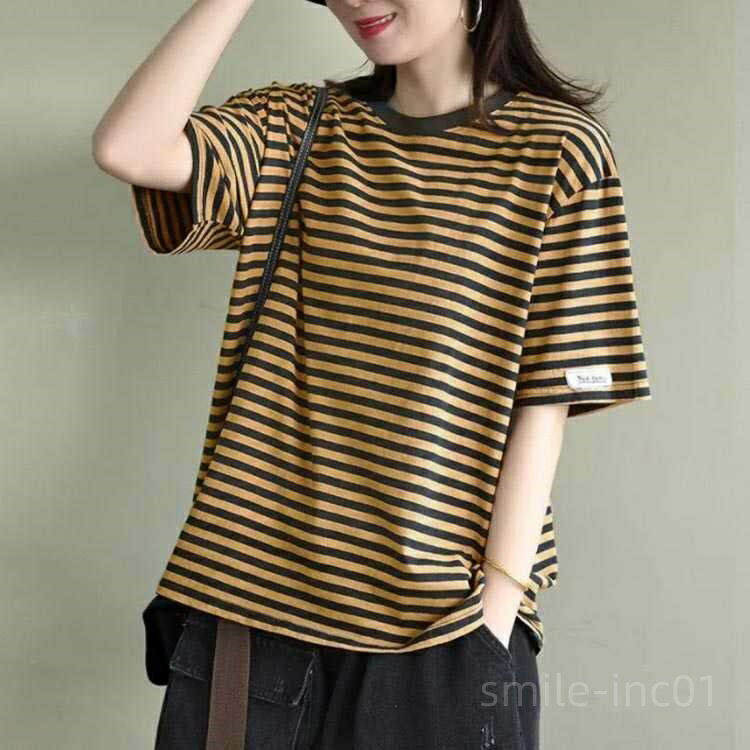 【送料無料】ヤード 大きサイズ カジュアル 夏服 トップス ボーダー柄tシャツ カットソー ラウンドネック 半袖tシャツ ボーダー柄 レディース