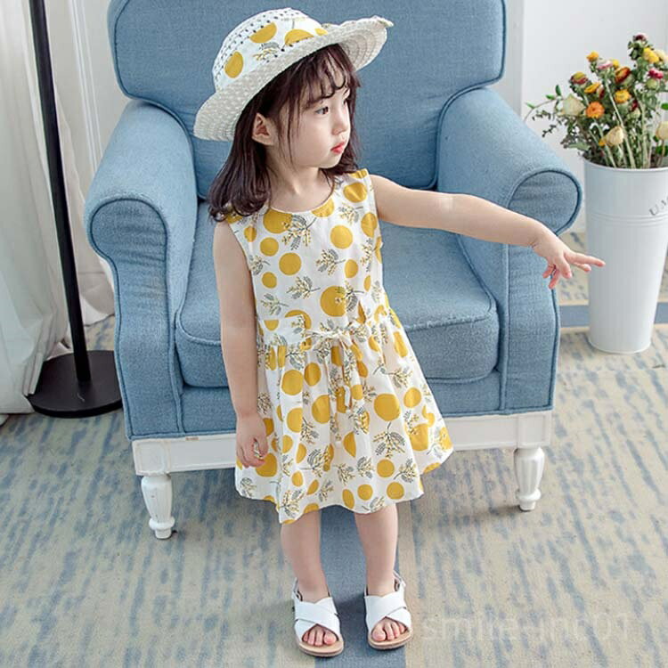 【送料無料】ズ服 姫系 女児 袖なし フレア裾 甘い ラウンドネック プリント柄 ノースリーブワンピース 小花柄 膝丈ワンピース 女の子 子供服