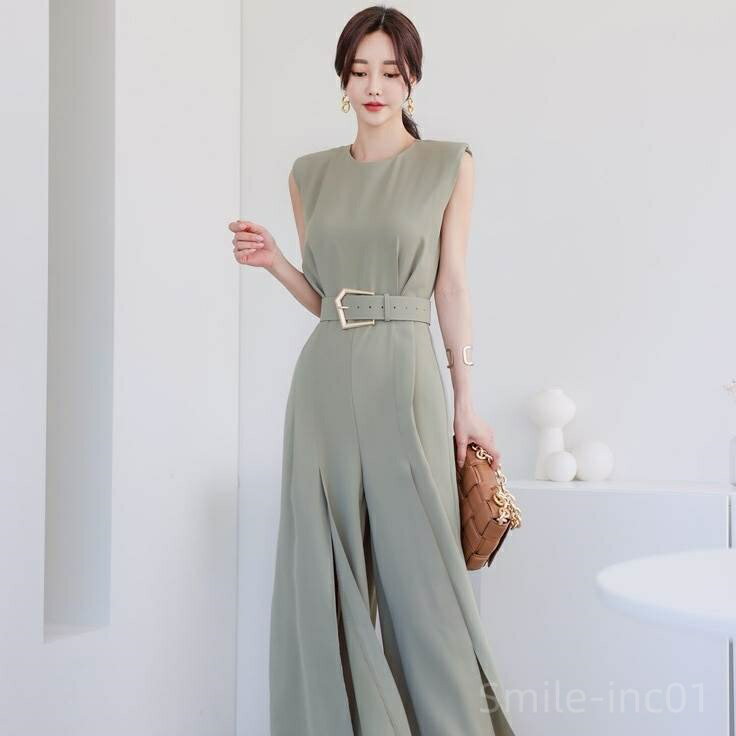 【送料無料】リット ウエストマーク フェミニン 細身 スリム Uネック ノースリーブ 袖なし ロング ジャンプスーツ レディース オールインワン