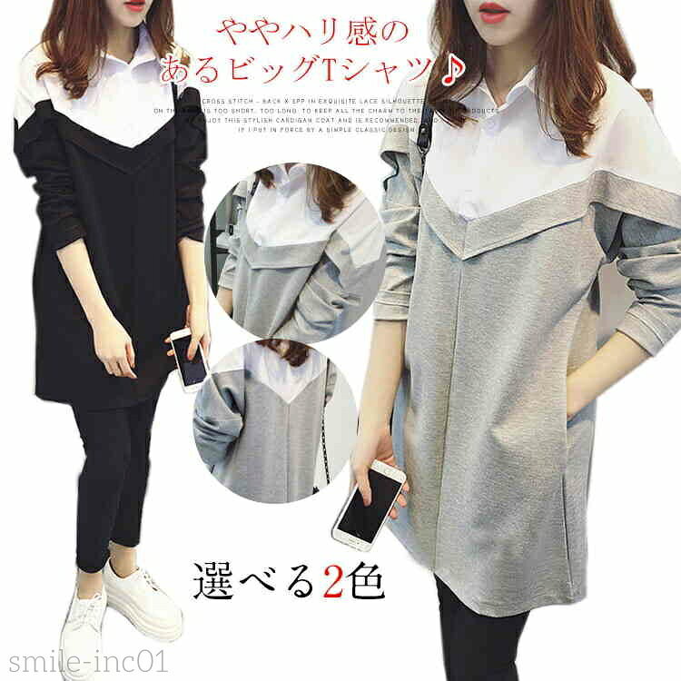 【送料無料】[2色]ビッグTシャツ オーバーサイズ ブラウス レディース トップス シャツ 長袖 ゆったり ..