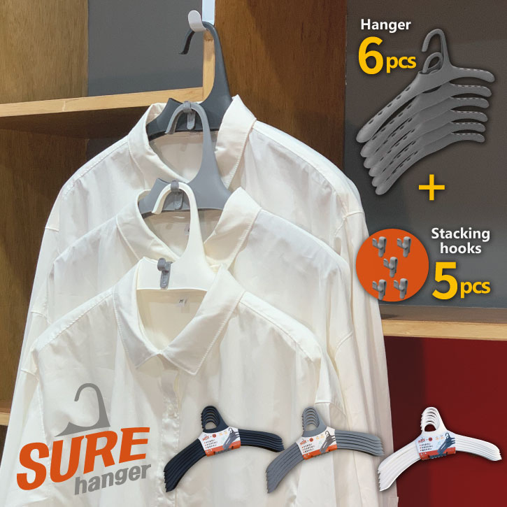 SUREハンガー 6pcs /ハンガー モノトーン コンパクト収納 スタッキング 縦につながる フック付き 省スペース 乾きやすい 滑り止め加工 おしゃれのサムネイル