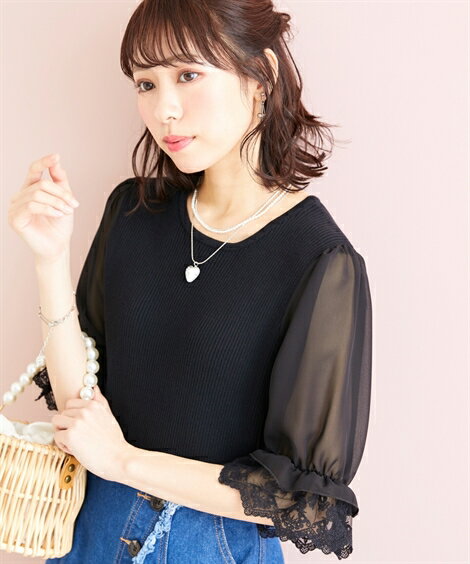 ＼クーポン有／トップス 大きいサイズ レース使いシフォン袖ニットプルオーバー marun 30代 40代 50代 女性 通勤 仕事着 体型カバー 春服 秋服 夏服 カジュアル 体型カバー L-10L春 夏 秋 冬 オールシーズン ぽっちゃり 30代 40代 おしゃれのサムネイル